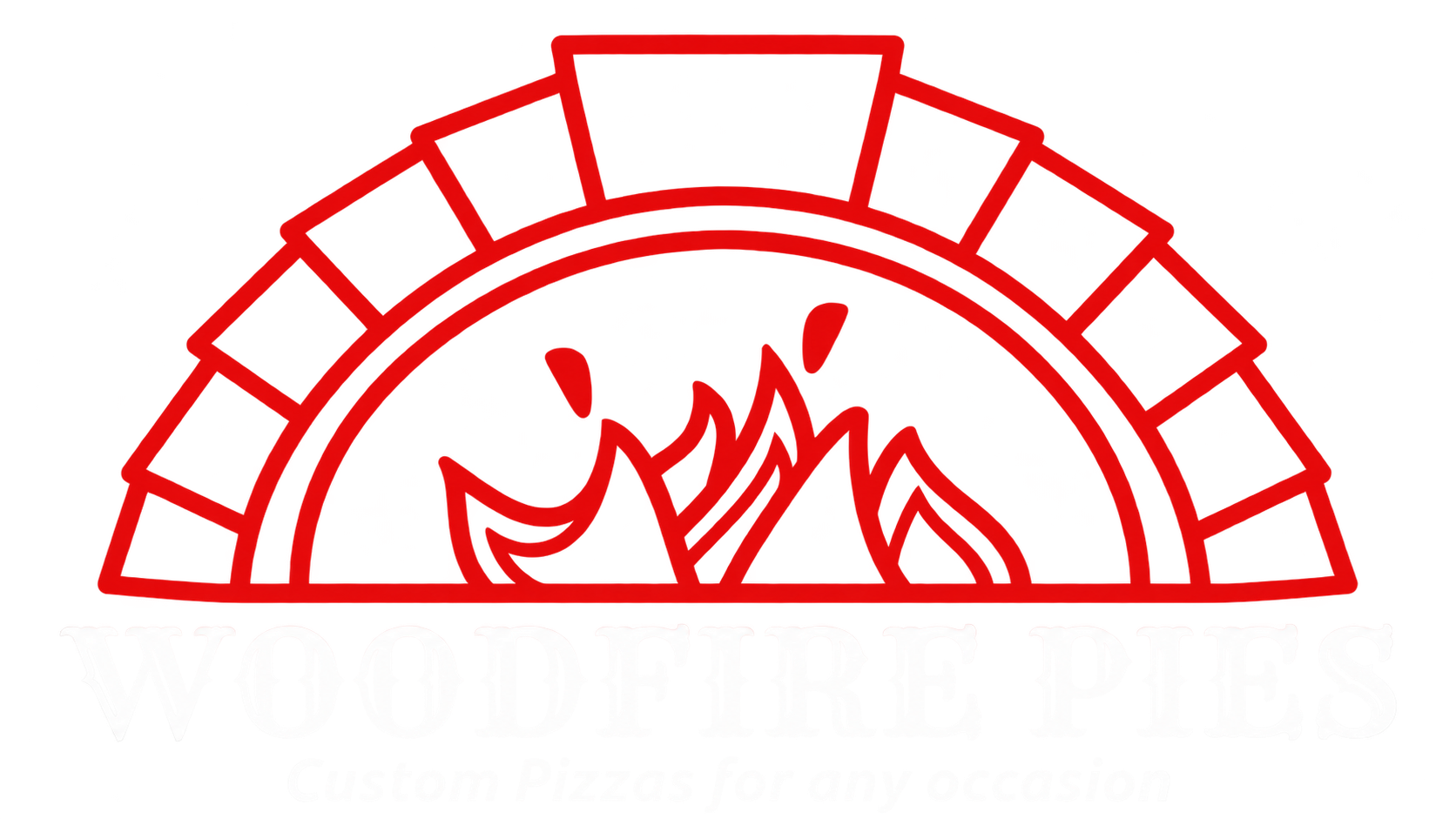 Woodfire Pies logo with a red wood-burning oven.